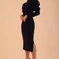 Brunette model wearing a DIVA Catwalk Buffy Puffed Long Sleeve Midi Pencil Dress with high neckline in Navy Blue