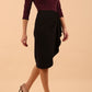 model is wearing diva catwalk contrast pencil dress with sleeve and asymmetric skirt detail in black and burgundy sparkle front
