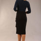 model is wearing diva catwalk contrast pencil dress with sleeve and asymmetric skirt detail in black and teal sparkle back