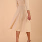 model is wearing diva catwalk january 3/4 sleeves a-line v-neck swing dress in beige back