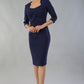 Model wearing Diva Catwalk Lantana Square Neck Pencil Dress 3/4 Sleeve in Navy front