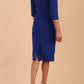 Model wearing Diva Catwalk Lantana Square Neck Pencil Dress 3/4 Sleeve in Cobalt Blue front