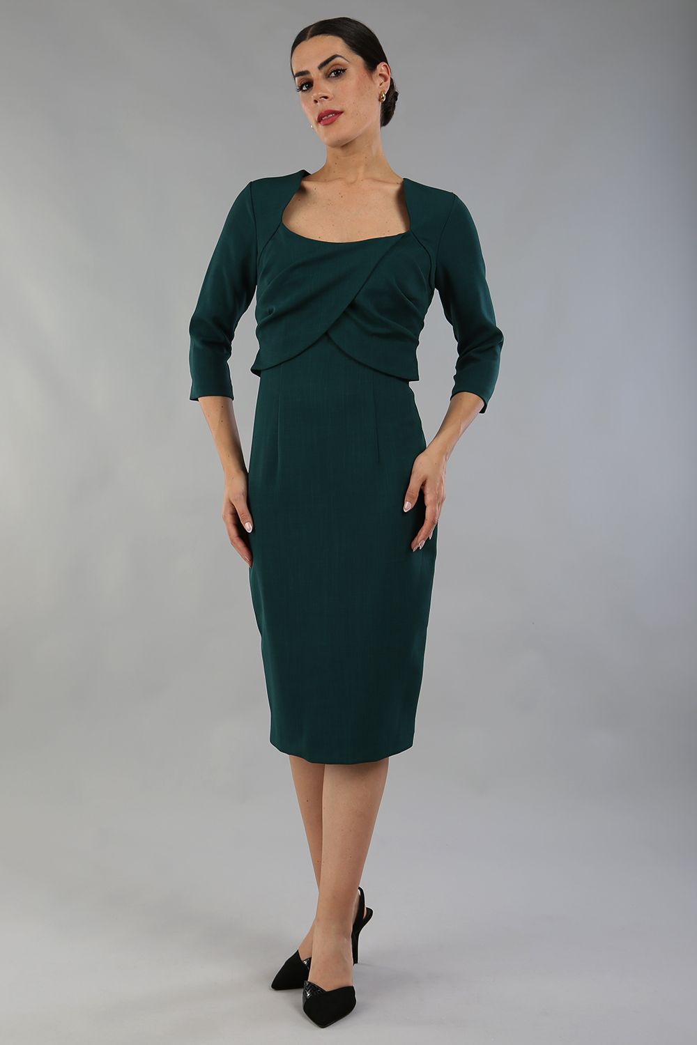 Model wearing Diva Catwalk Lantana Square Neck Pencil Dress 3/4 Sleeve in Forest Green front