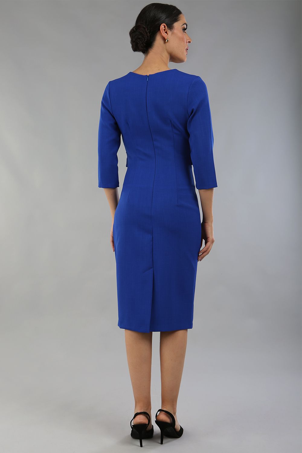 Model wearing Diva Catwalk Lantana Square Neck Pencil Dress 3/4 Sleeve in Cobalt Blue back