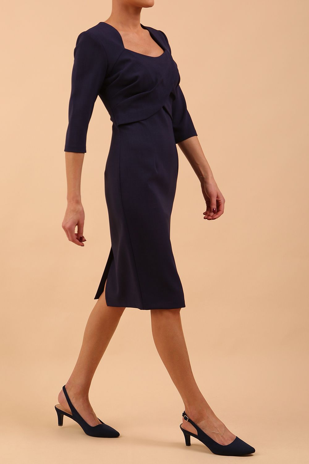 Model wearing Diva Catwalk Lantana Square Neck Pencil Dress 3/4 Sleeve in Navy front side