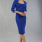 Model wearing Diva Catwalk Lantana Square Neck Pencil Dress 3/4 Sleeve in Cobalt Blue front