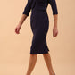 Model wearing Diva Catwalk Lantana Square Neck Pencil Dress 3/4 Sleeve in Navy front side