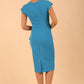model is wearing diva catwalk Ester cap sleeve pencil dress with v-neck and bow detail at the front in malibu blue back