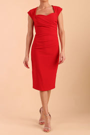 The Red Sweetheart Neck Cap Sleeve Midi Dress - Red Sweetheart Neckline A  Line Cap Sleeve Dress - Red - Dresses