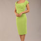 brunette model is wearing a diva catwalk stella sweetheart neckline cap sleeve pencil dress in lime green colour front