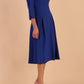 blonde model is wearing diva catwalk harpsden a-line skirt 3/4 sleeve swing dress with rounded neckline in cobalt blue front