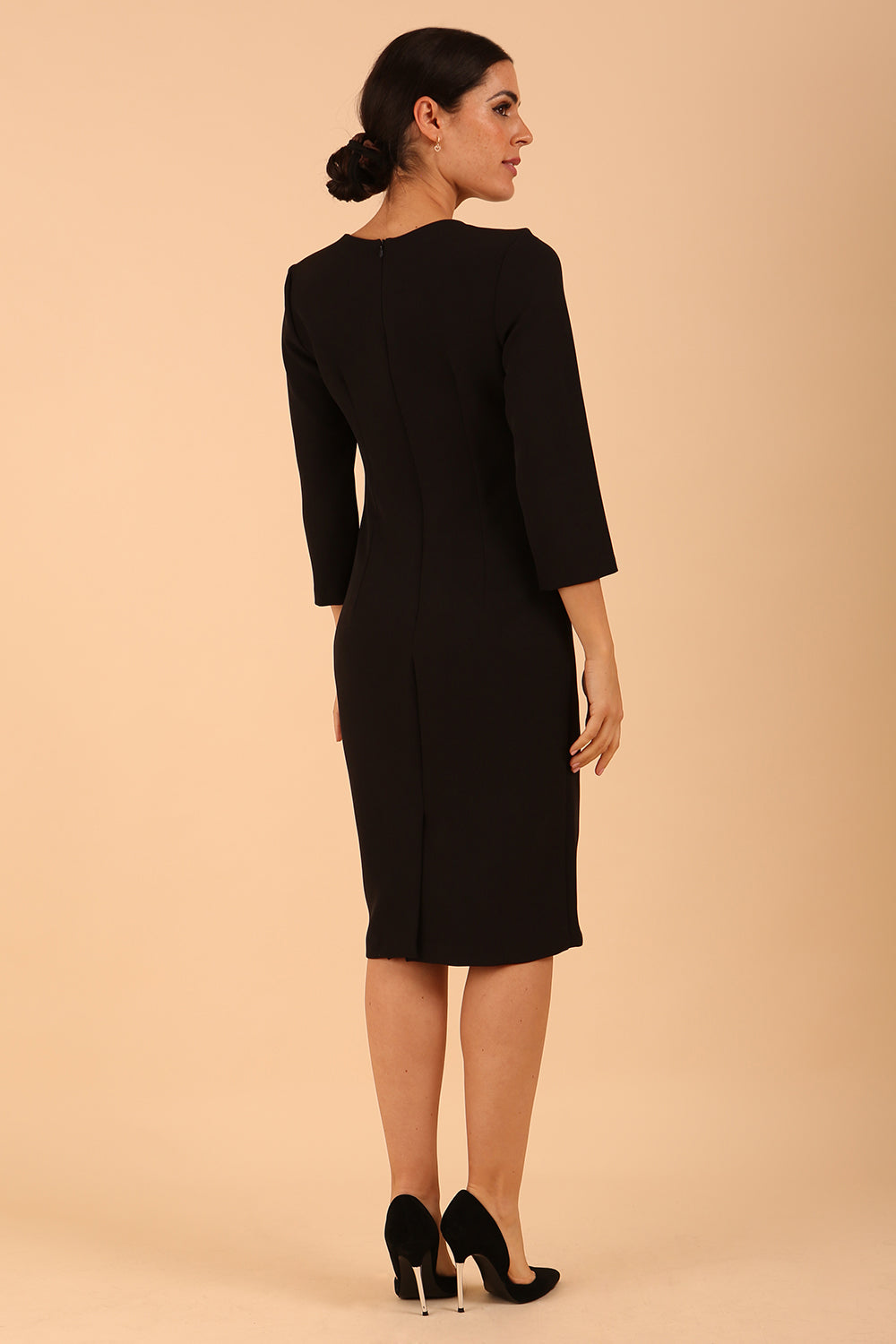 Model wearing back diva catwalk Elsinor 3/4 Sleeve pencil skirt dress with two side pockets in black