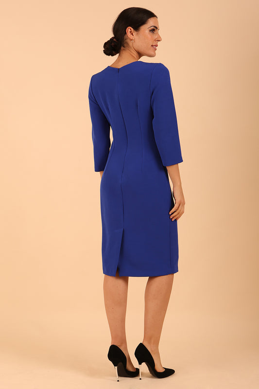Model wearing back diva catwalk Elsinor 3/4 Sleeve pencil skirt dress with two side pockets in Royal Blue