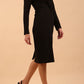 model is wearing diva catwalk gately pencil dress with long sleeves and twisted low v-neck in black front