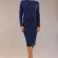 model wearing a diva catwalk Olgivy Long Sleeve Knee Length Pencil Dress round neckline and long sleeve in navy blue colour