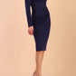 model wearing a diva catwalk Olgivy Long Sleeve Knee Length Pencil Dress round neckline and long sleeve in navy blue colour