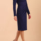 model wearing a diva catwalk Olgivy Long Sleeve Knee Length Pencil Dress round neckline and long sleeve in navy blue colour