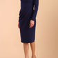 model wearing a diva catwalk Olgivy Long Sleeve Knee Length Pencil Dress round neckline and long sleeve in navy blue colour