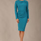 model wearing a diva catwalk Olgivy Long Sleeve Knee Length Pencil Dress round neckline and long sleeve in magic blue colour front
