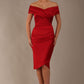 model is wearing diva catwalk casa blanca satin Haute Red pencil dress off shoulder design front (Haute Red)