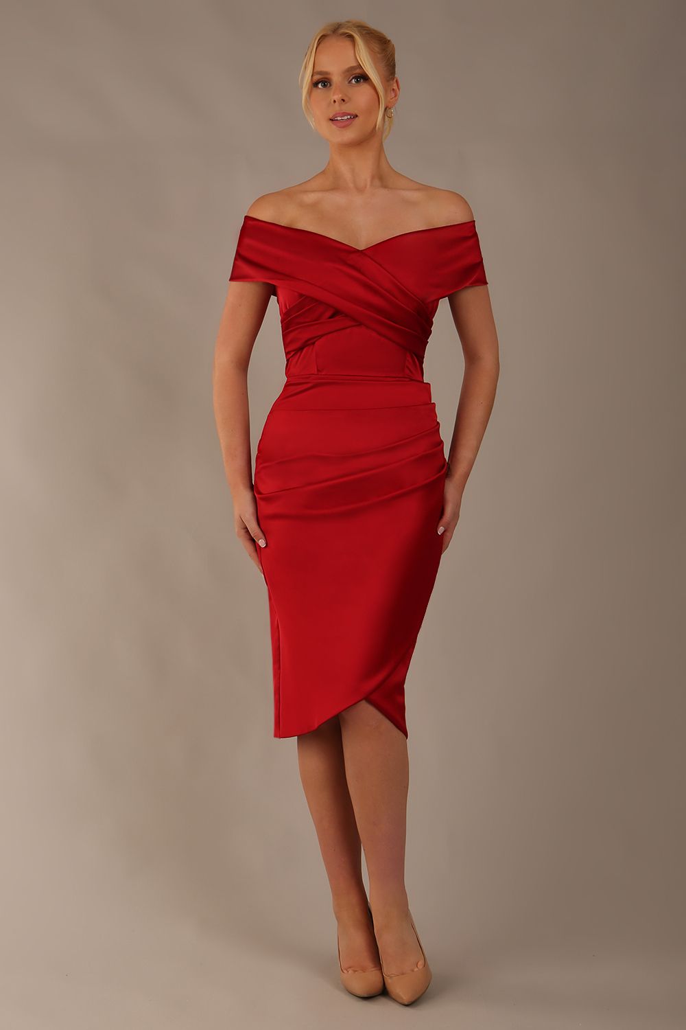 model is wearing diva catwalk casa blanca satin Haute Red pencil dress off shoulder design front (Haute Red)