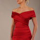 model is wearing diva catwalk casa blanca satin Haute Red pencil dress off shoulder design front close-up (Haute Red)