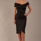 model is wearing diva catwalk casa blanca satin black pencil dress off shoulder design front (Black)