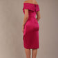 model is wearing diva catwalk casa blanca satin fuchsia pink pencil dress off shoulder design back (Fuchsia Pink)