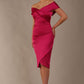 model is wearing diva catwalk casa blanca satin fuchsia pink pencil dress off shoulder design front (Fuchsia Pink)