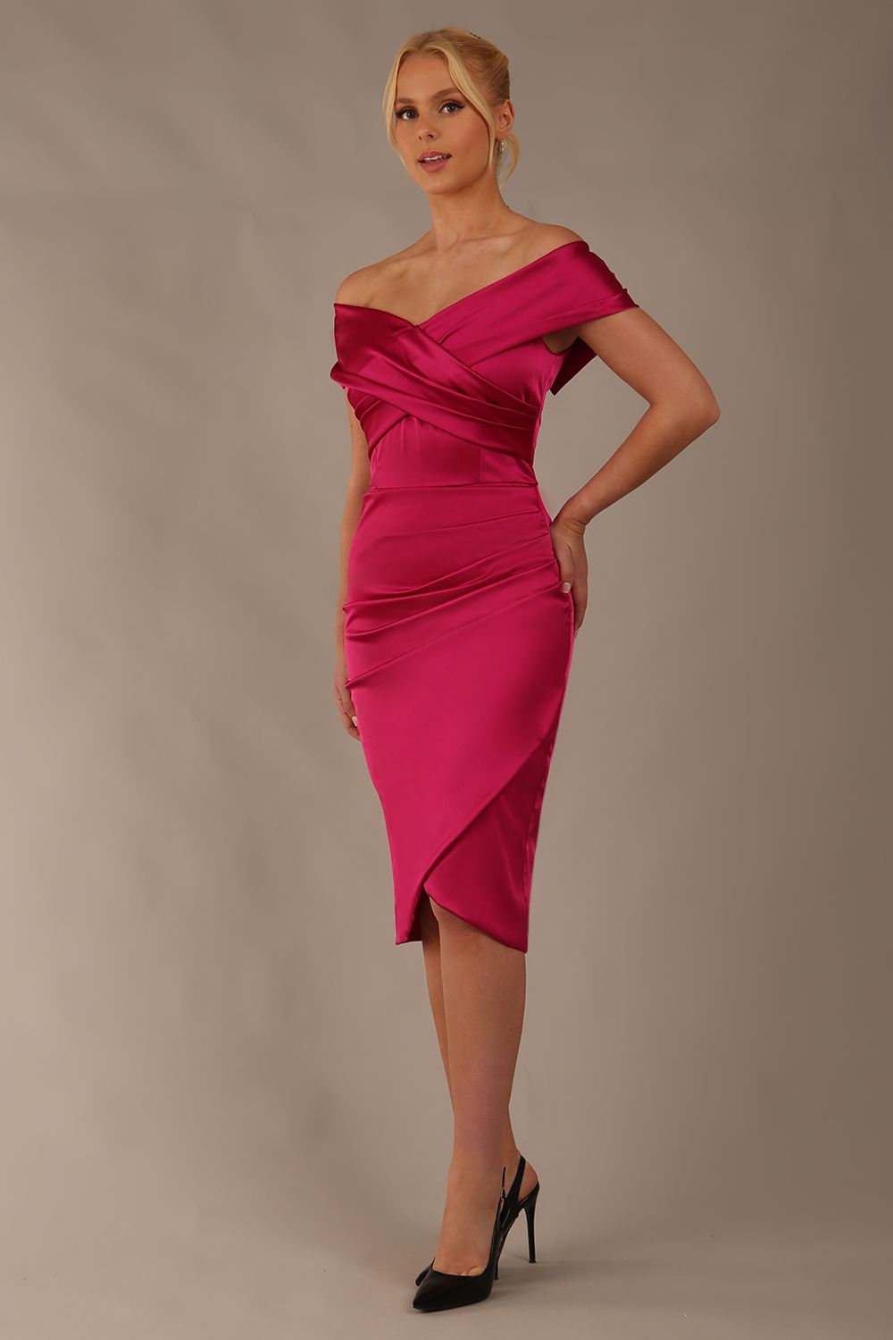 model is wearing diva catwalk casa blanca satin fuchsia pink pencil dress off shoulder design front (Fuchsia Pink)