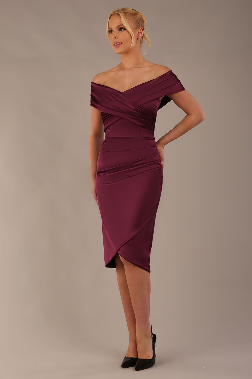 model is wearing diva catwalk casa blanca satin burgundy pencil dress off shoulder design front (Burgundy)