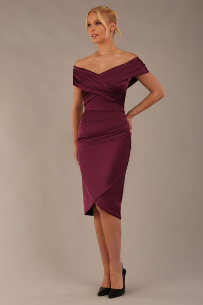 model is wearing diva catwalk casa blanca satin burgundy pencil dress off shoulder design front (Burgundy)