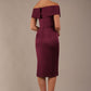 model is wearing diva catwalk casa blanca satin burgundy pencil dress off shoulder design back (Burgundy)