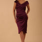 model is wearing diva catwalk casa blanca satin burgundy pencil dress off shoulder design front