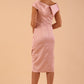 model is wearing diva catwalk casa blanca satin misty pink pencil dress off shoulder design back