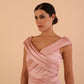 model is wearing diva catwalk casa blanca satin misty pink pencil dress off shoulder design front
