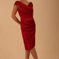 model is wearing diva catwalk casa blanca satin Haute Red pencil dress off shoulder design front