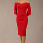 brunette model is wearing a diva catwalk lauren off shoulder asymmetric neckline pencil dress with sleeves in red front 
