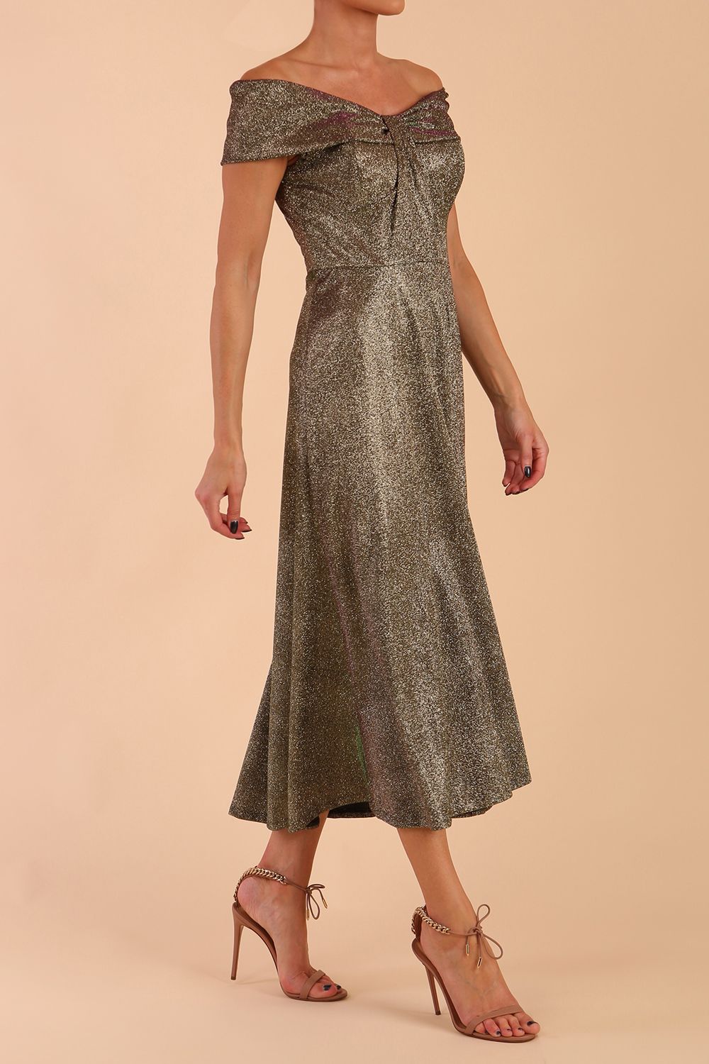 Model wearing diva catwalk Capri A-Line Midaxi Glitter Dress in Sherwood Glitter Gold side