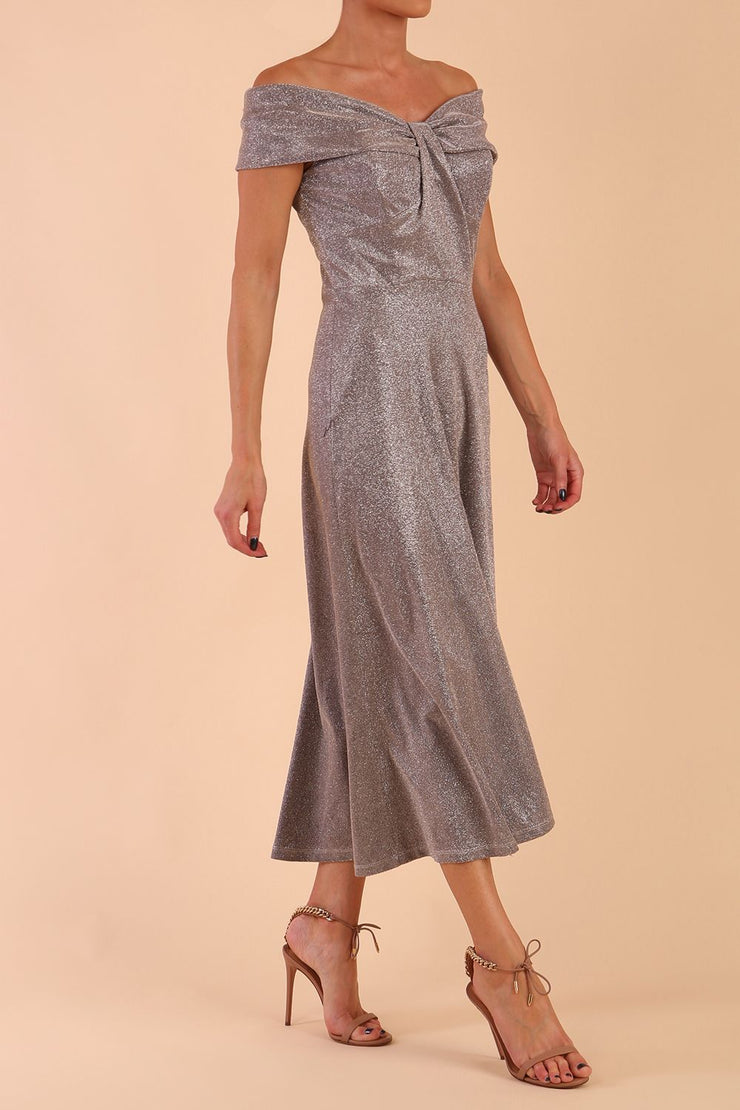 Model wearing diva catwalk Capri A-Line Midaxi Glitter Dress in Iris Silver Glitter front