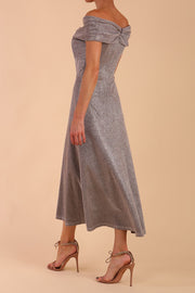 Model wearing diva catwalk Capri A-Line Midaxi Glitter Dress in Iris Silver Glitter front