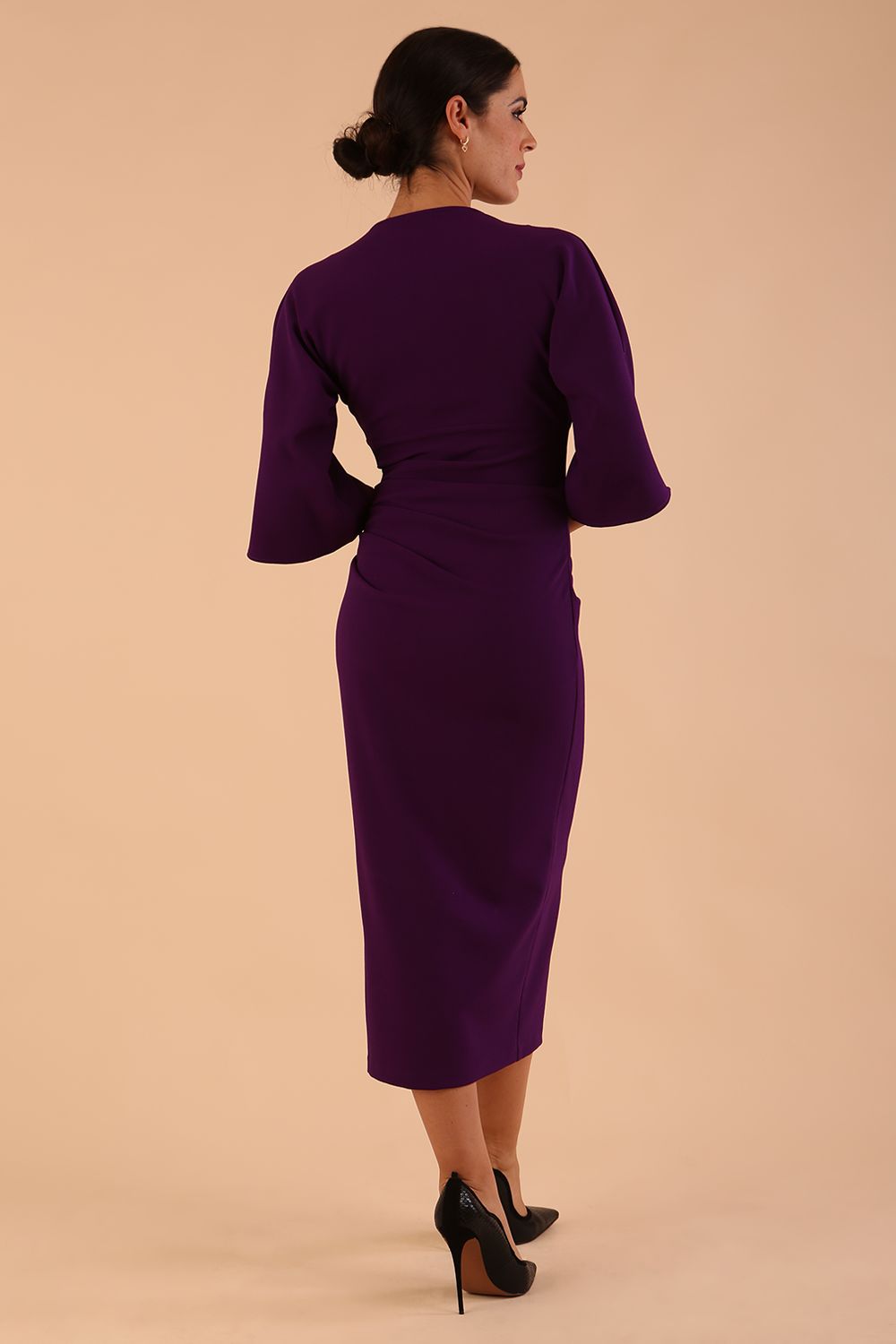 Model wearing diva catwalk Diana Cowl Neck pencil skirt dress in purple