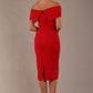 model is wearing diva catwalk amelia pencil dress with bardot neckline and ruched back in Scarlet Red back (Scarlet Red)