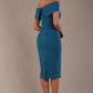 model is wearing diva catwalk amelia pencil dress with bardot neckline and ruched back in Tropical teal back (Tropical Teal)