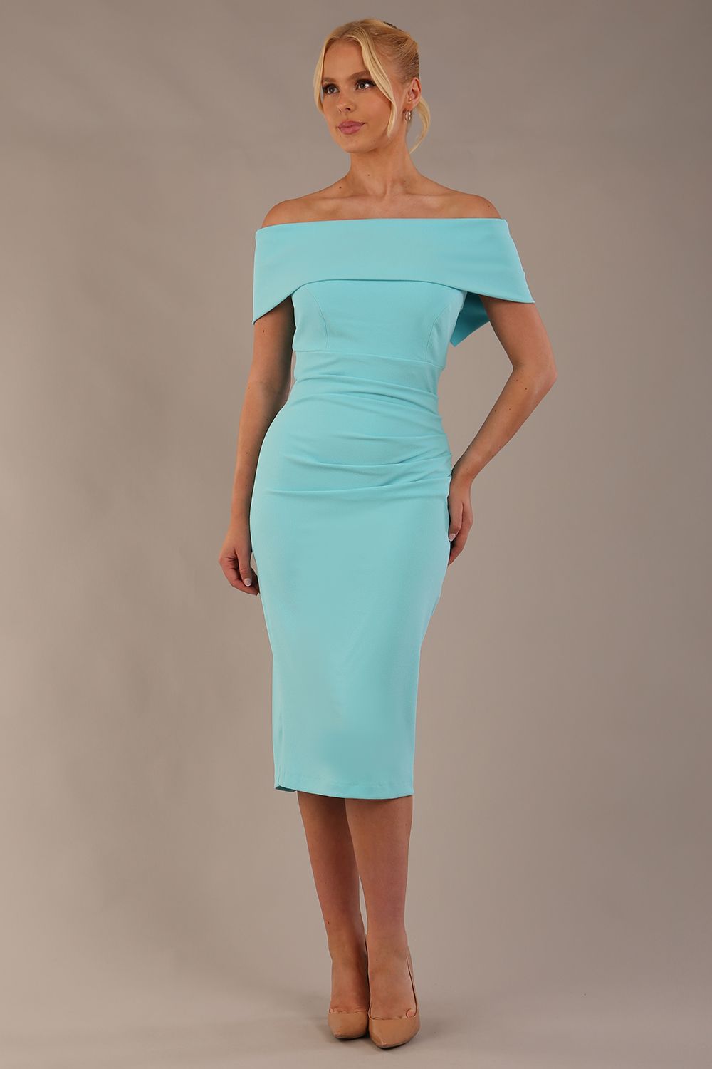 model is wearing diva catwalk amelia pencil dress with bardot neckline and ruched back in Turquoise (Turquoise)
