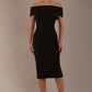 model is wearing diva catwalk amelia pencil dress with bardot neckline and ruched back in black front (Black)