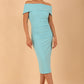 model is wearing diva catwalk amelia pencil dress with bardot neckline and ruched back in Turquoise