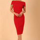 model is wearing diva catwalk amelia pencil dress with bardot neckline and ruched back in Scarlet Red front