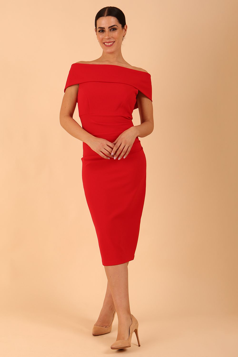 model is wearing diva catwalk amelia pencil dress with bardot neckline and ruched back in Scarlet Red front