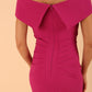 model is wearing diva catwalk amelia pencil dress with bardot neckline and ruched back in Magenta back close up